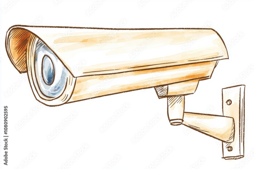 Illustrated Security Camera on Wall, Simple Design for Surveillance Concept, Highlighting Safety and Monitoring in Modern Environments, Artwork Style Illustrated Security Camera on Wall, Simple Design for Surveillance Concept, Highlighting Safety and Monitoring in Modern Environments, Artwork Style