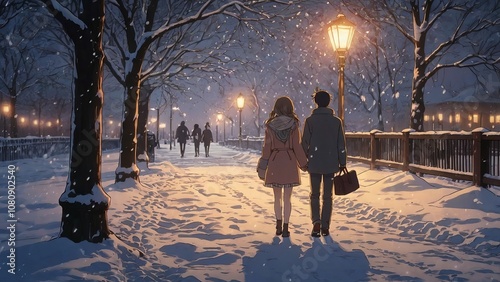 A couple strolls hand-in-hand through a snowy, lamplit park at dusk. photo