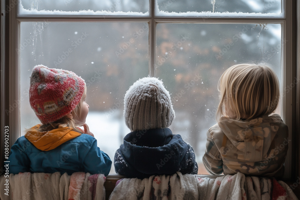Three Children Gazing Through a Frosty Window, Eagerly Waiting for Snowflakes to Fall on a Cold Winter Day