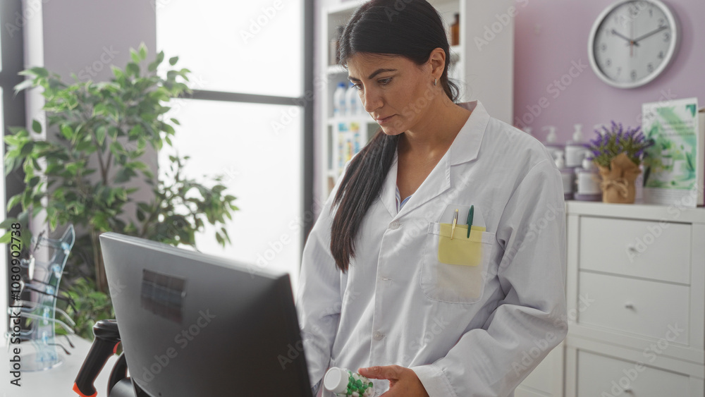 A young hispanic brunette woman in a white lab coat works in a pharmacy, focusing on a task at a computer in a well-lit interior store setting. A young hispanic brunette woman in a white lab coat works in a pharmacy, focusing on a task at a computer in a well-lit interior store setting.