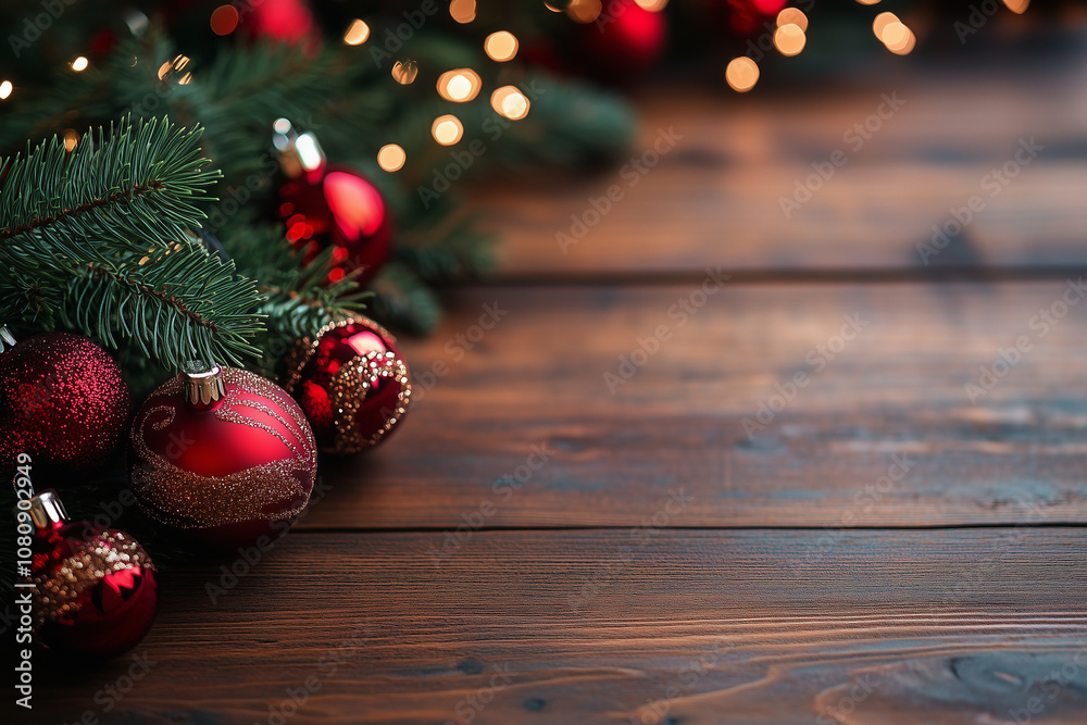 A Festive Arrangement of Red Ornaments and Pine Branches Set Against a Rustic Wooden Table, Capturing the Spirit of Holiday Celebrations