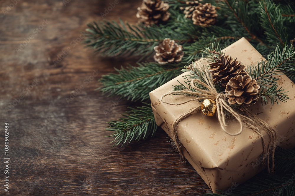 A Beautifully Wrapped Gift Adorned With Pinecones and Greenery on a Rustic Wooden Surface During the Festive Holiday Season