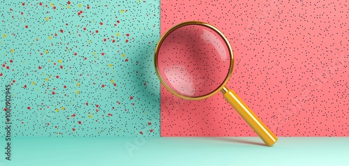 Assistant search engine concept. A colorful background split between teal and pink features a magnifying glass, suggesting themes of investigation or examination. photo