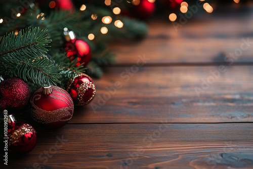 A Festive Arrangement of Red Ornaments and Pine Branches Set Against a Rustic Wooden Table, Capturing the Spirit of Holiday Celebrations