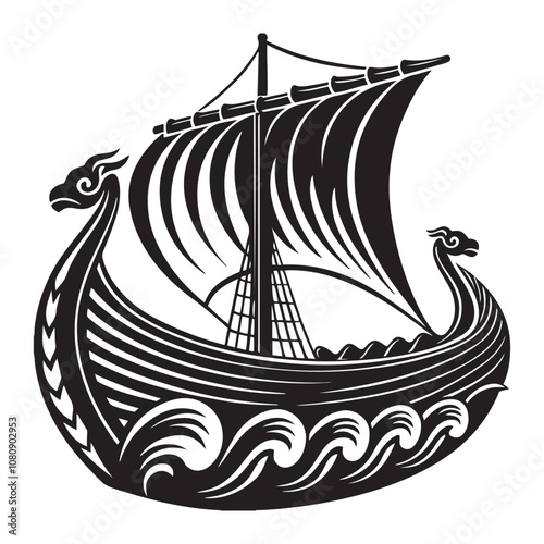 Viking ship sailing vector Silhouette art black color design and solid white background