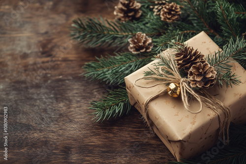 Obraz na płótnie A Beautifully Wrapped Gift Adorned With Pinecones and Greenery on a Rustic Wooden Surface During the Festive Holiday Season w salonie