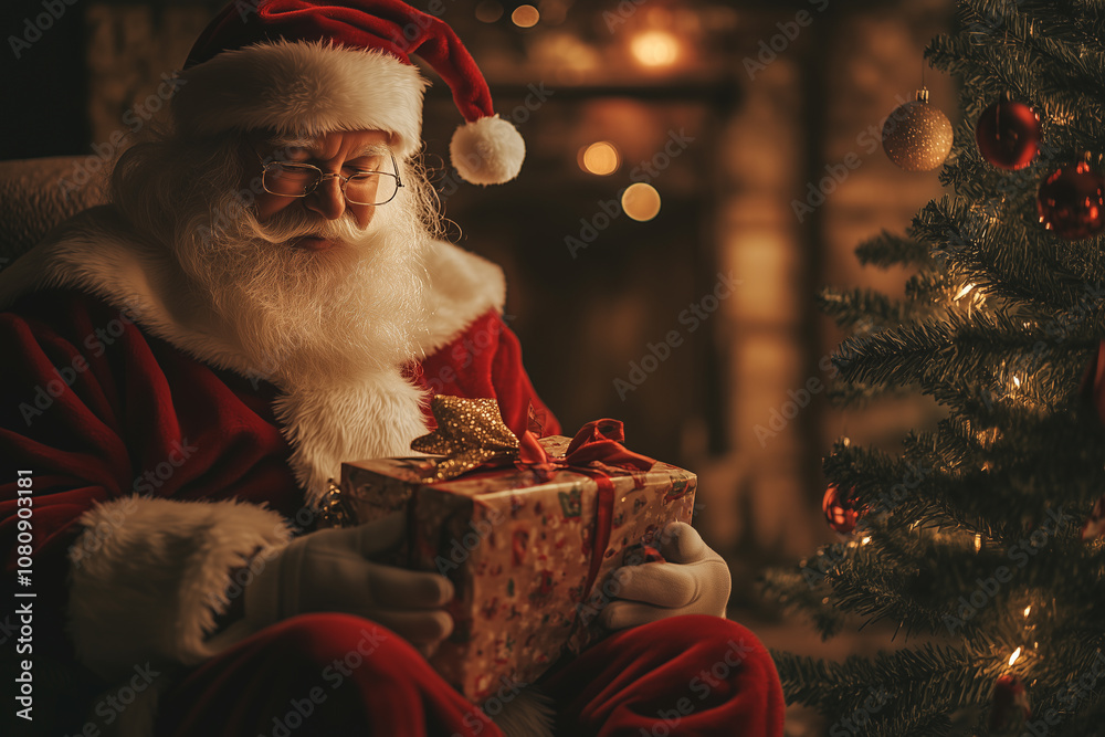 Santa Claus Joyfully Prepares to Deliver Presents by the Warm Glow of a Christmas Tree on a Festive Winter Evening