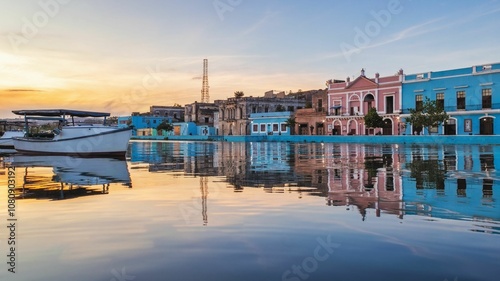 Fotografía Colonial buildings and boat at sunset in Matanzas.