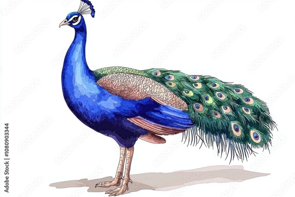 Obraz premium Elegant Blue Peacock Displaying Vibrant Feathers in Artistic Illustration Style, Capturing the Beauty of Nature with Rich Colors and Intricate Details