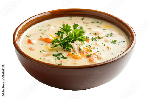 Seafood cream soup in a bowl on a transparent background. isolated background.