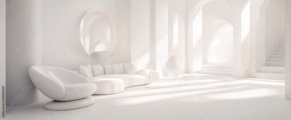 White Minimalist Interior Design with Modern Sofa and Chair White Minimalist Interior Design with Modern Sofa and Chair
