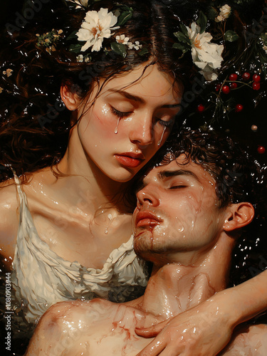 The Adoration of Adonis - romance, love, tender, emotions, beauty, nature, passion, couple, water, floral, submerged, intimacy, surrealism, dark aesthetic