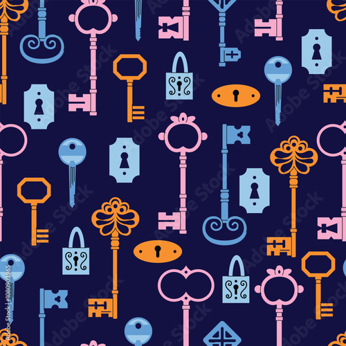Keys locks and keyholes vector seamless pattern set. Hand drawn colored keys. Various vintage, security, antique and modern keys with ornate heads vector illustration isolated on background