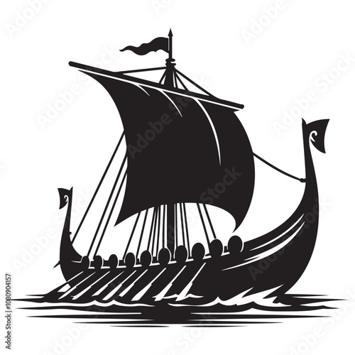 Viking ship sailing vector Silhouette art black color design and solid white background