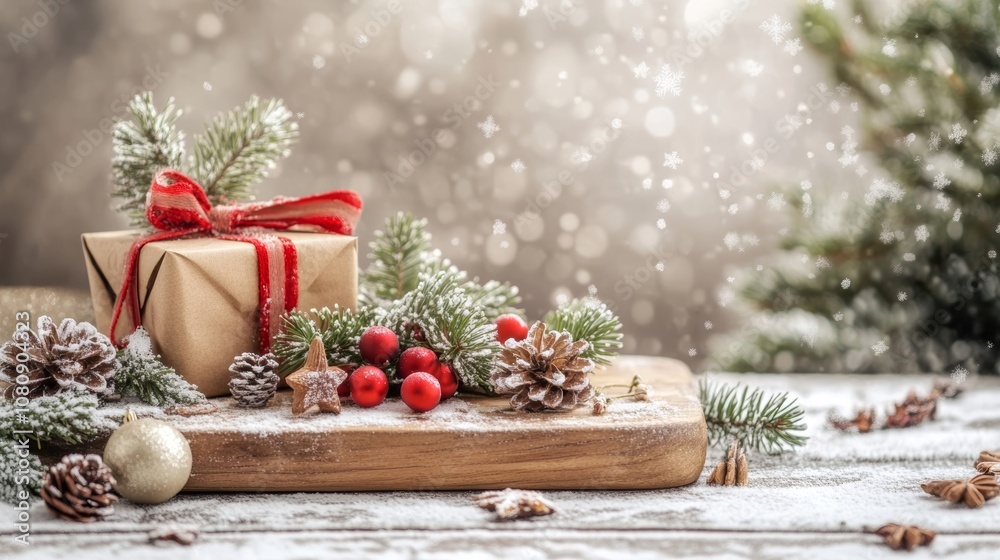 Festive gift on a wooden cutting board surrounded by pine cones. Festive gift on a wooden cutting board surrounded by pine cones.