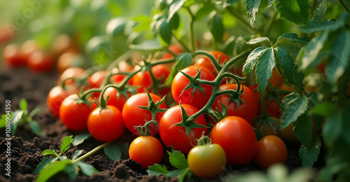 Harvesting ripe tomatoes in vibrant garden close-up view nature's bounty photo