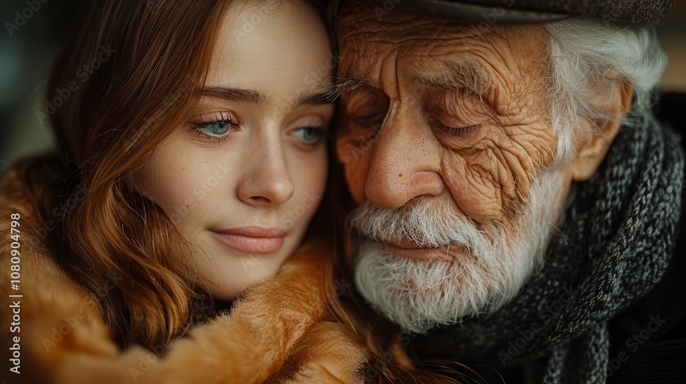 Two faces close together express warmth and affection, showcasing the bond between an elderly man and a young woman in a serene, loving moment Two faces close together express warmth and affection, showcasing the bond between an elderly man and a young woman in a serene, loving moment