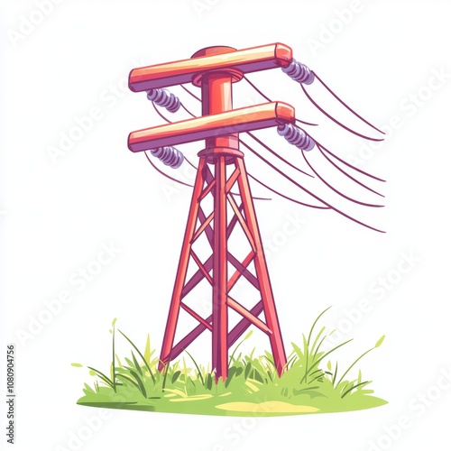 Brightly Colored Power Pole Surrounded by Lush Green Grass in a Minimalist Style Featuring Electrical Wires and Insulators for Eco-Friendly Energy Concepts