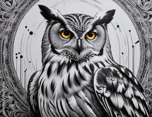 A painting of an owl with a yellow eye photo