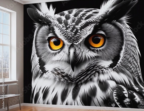 A large owl with yellow eyes is painted on a wall photo