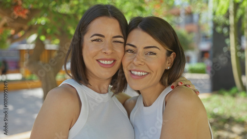 Two smiling women who appear to be hispanic stand closely together outdoors in a city park, with trees and urban elements visible in the background.