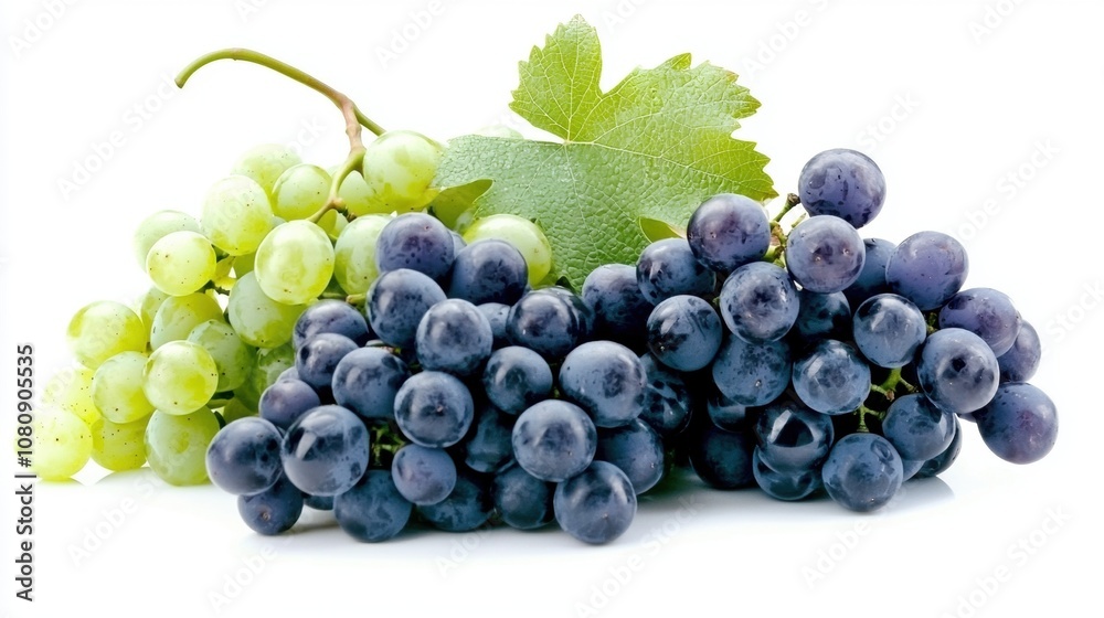 Fresh Green and Black Grapes with Leaves on White Background, Showcasing Organic Produce, Healthy Eating, and Natural Foods for Culinary Delight and Healthy Lifestyle