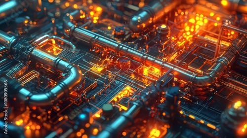 Intricate network of glowing pipes and circuits in a futuristic industrial design