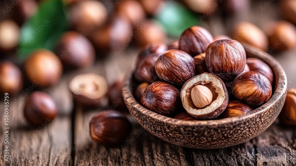 A rustic setup featuring a bowl filled with whole and cracked hazelnuts against a textured wooden background. The nuts' natural texture is prominently displayed. A rustic setup featuring a bowl filled with whole and cracked hazelnuts against a textured wooden background. The nuts' natural texture is prominently displayed.