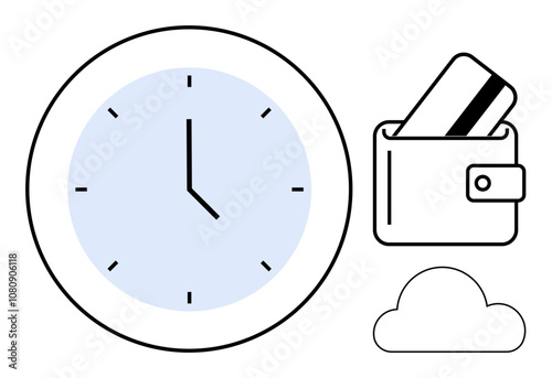 Clock indicating time, wallet with credit card, and cloud symbol. Ideal for time management, financial planning, digital technology, cloud storage, online payments budgeting and efficiency. Line