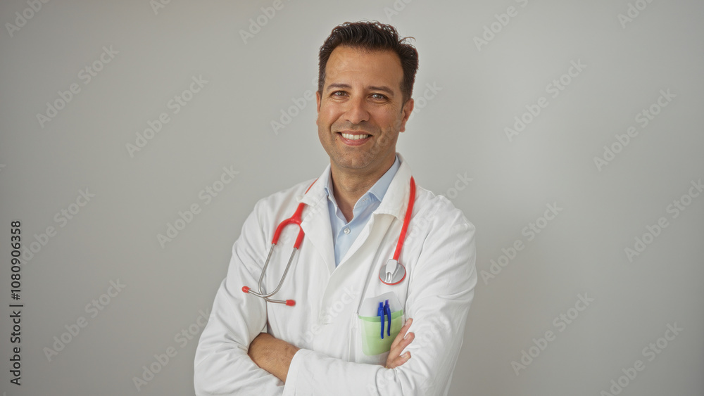 Hispanic male doctor with crossed arms smiling confidently against an isolated white wall background Hispanic male doctor with crossed arms smiling confidently against an isolated white wall background