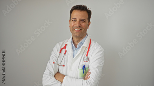 Hispanic male doctor with crossed arms smiling confidently against an isolated white wall background photo