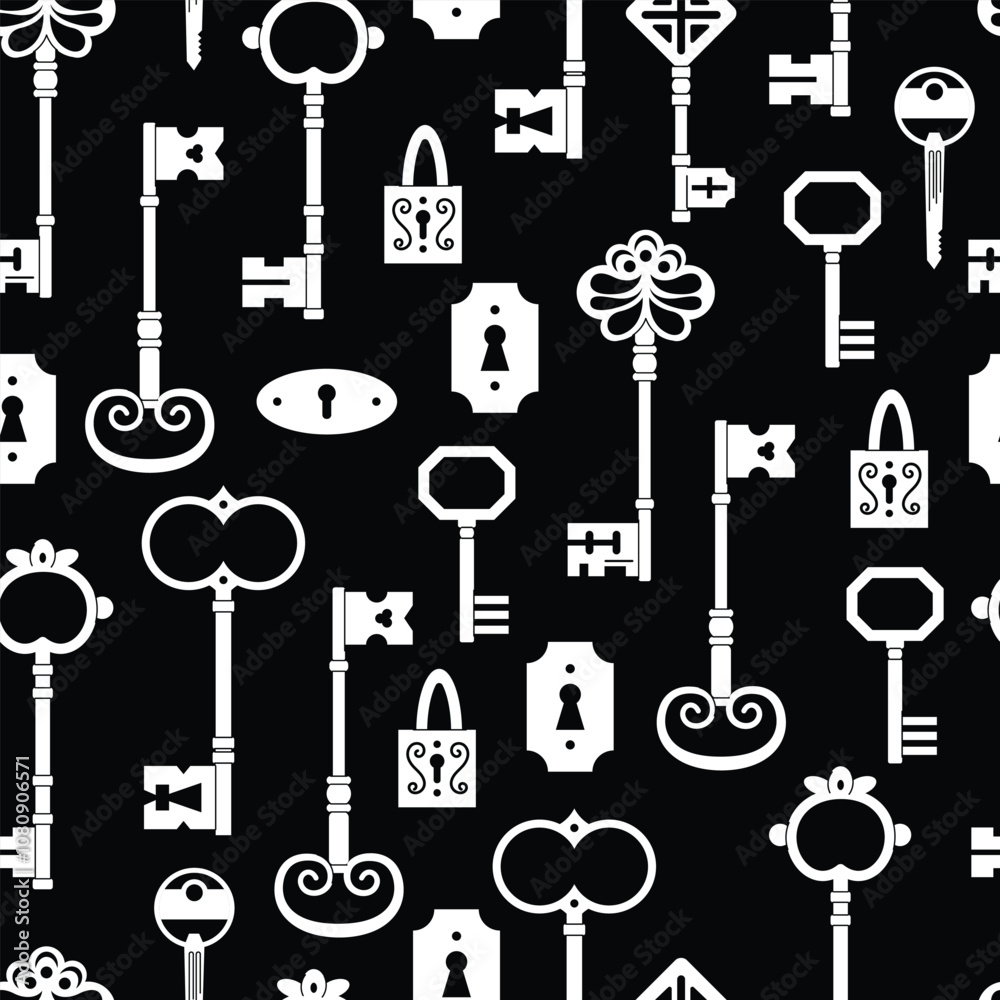 Keys locks and keyholes vector seamless pattern. Hand drawn silhouette keys. Various vintage, security, antique and modern keys with ornate heads vector illustration isolated on background Keys locks and keyholes vector seamless pattern. Hand drawn silhouette keys. Various vintage, security, antique and modern keys with ornate heads vector illustration isolated on background