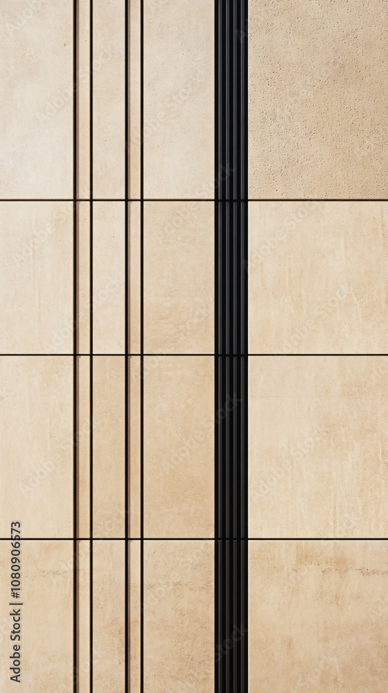 Fototapeta premium Close-up of a textured beige stone wall featuring intersecting black metal lines, forming a striking geometric design