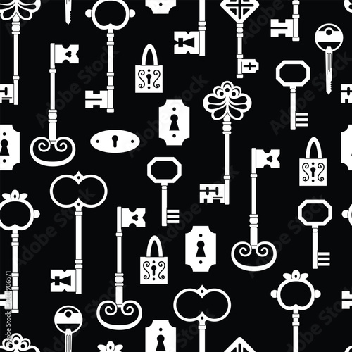 Keys locks and keyholes vector seamless pattern. Hand drawn silhouette keys. Various vintage, security, antique and modern keys with ornate heads vector illustration isolated on background