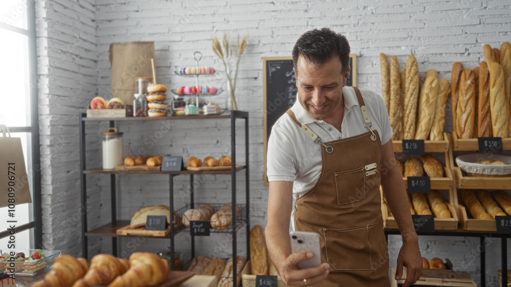 Hispanic man in a bakery smiling at his phone while standing near shelves filled with bread and pastries in an indoor shop. Hispanic man in a bakery smiling at his phone while standing near shelves filled with bread and pastries in an indoor shop.