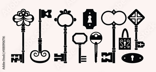 Keys locks and keyholes vector set. Hand drawn silhouette keys. Various vintage, security, antique and modern keys with ornate heads vector illustration isolated on background