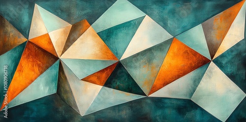 Abstract geometric art with triangles in blue, orange, and white colors.