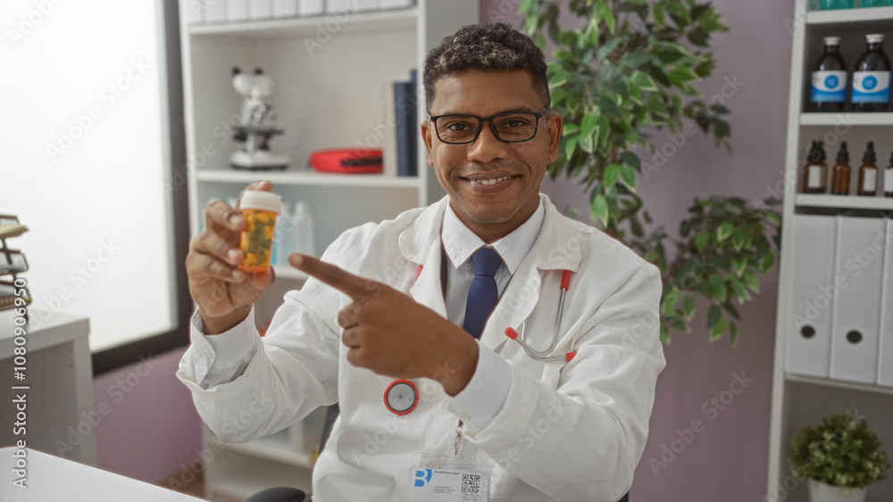 Smiling doctor pointing at a prescription bottle in a brightly lit clinic room with bookshelves and medical equipment Smiling doctor pointing at a prescription bottle in a brightly lit clinic room with bookshelves and medical equipment