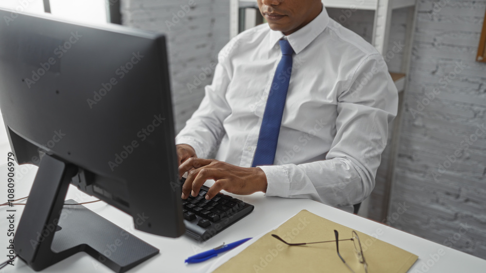 Naklejka premium Young hispanic man working on a computer in an office setting with a file, pen, and glasses on the desk