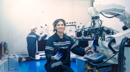 Mechanical engineering team working in robotic technology lap for research and develop for manufacturing automation and robotics.