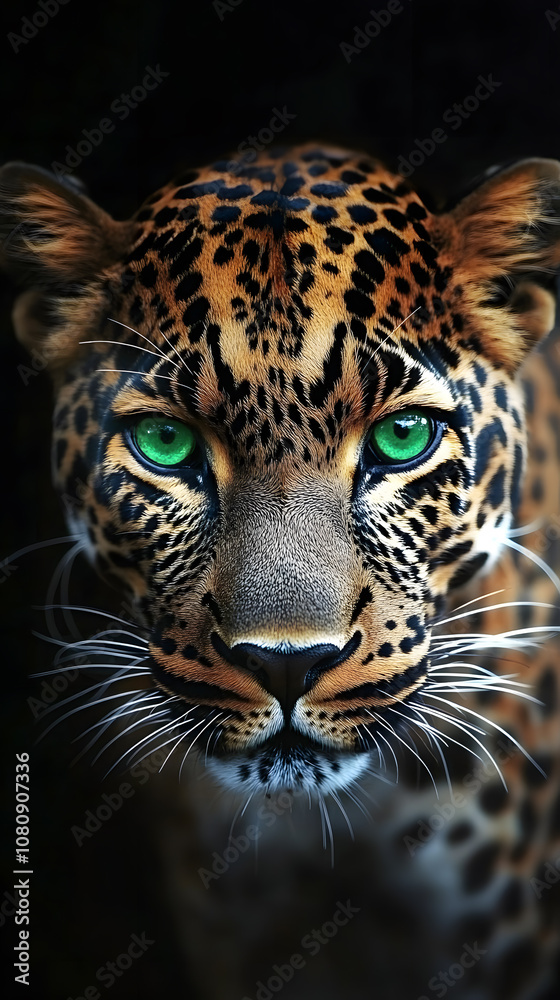 Obraz premium Leopard's Intense Gaze, Green Eyes, Dark Background