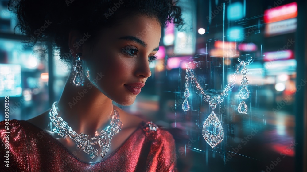 Elegant woman wearing a diamond necklace and earrings is looking at a futuristic hologram of a diamond necklace in a jewelry store window display at night Elegant woman wearing a diamond necklace and earrings is looking at a futuristic hologram of a diamond necklace in a jewelry store window display at night