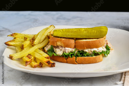 chicken salad sandwich  with frie and pickle