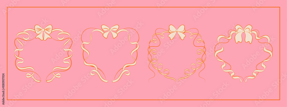 Set of hand drawn minimalist lace ribbons frame with bow knots. Vintage coquette Lolita style, heart shaped valentine frame. Perfect for poster, greeting cards, wedding invitations, branding, logo. Set of hand drawn minimalist lace ribbons frame with bow knots. Vintage coquette Lolita style, heart shaped valentine frame. Perfect for poster, greeting cards, wedding invitations, branding, logo.
