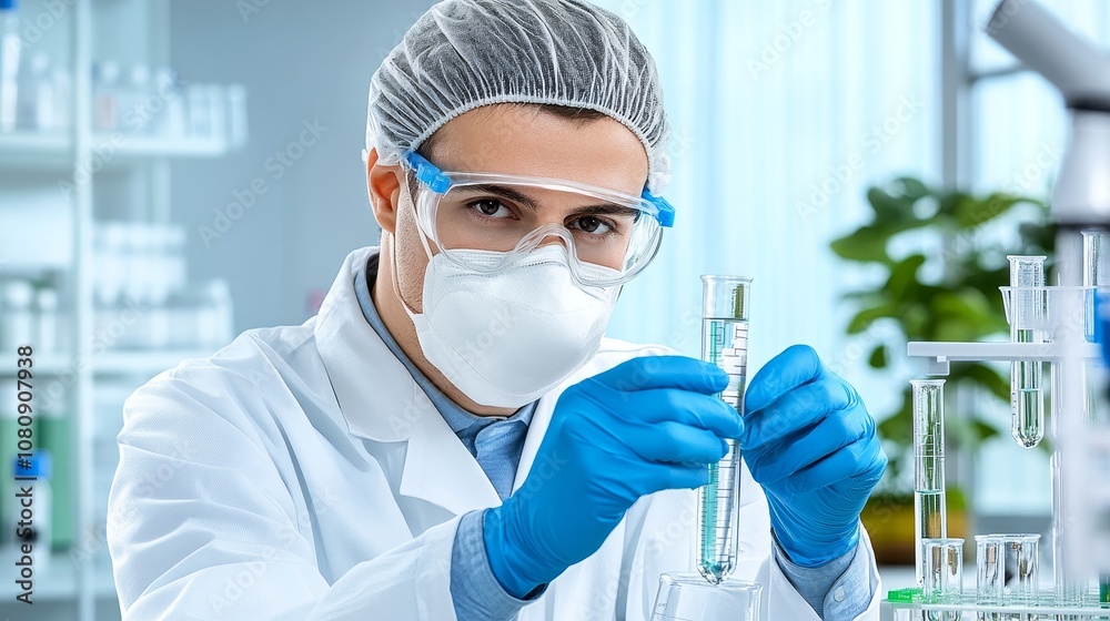 Scientist in Lab Coat Examining Test Tubes Research Science Scientist in Lab Coat Examining Test Tubes Research Science