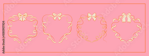 Set of hand drawn minimalist lace ribbons frame with bow knots. Vintage coquette Lolita style, heart shaped valentine frame. Perfect for poster, greeting cards, wedding invitations, branding, logo.