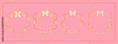 Set of hand drawn minimalist lace ribbons frame with bow knots. Vintage coquette Lolita style, heart shaped valentine frame. Perfect for poster, greeting cards, wedding invitations, branding, logo.