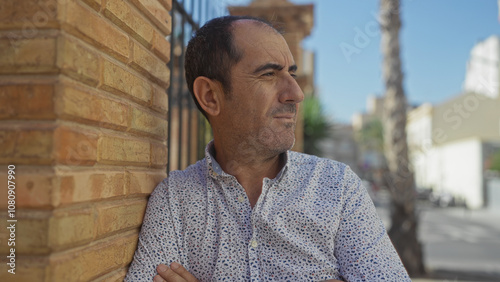 A middle-aged hispanic man with a bald head stands outdoors on a city street, leaning against a brick wall wearing a dotted shirt on a sunny day.