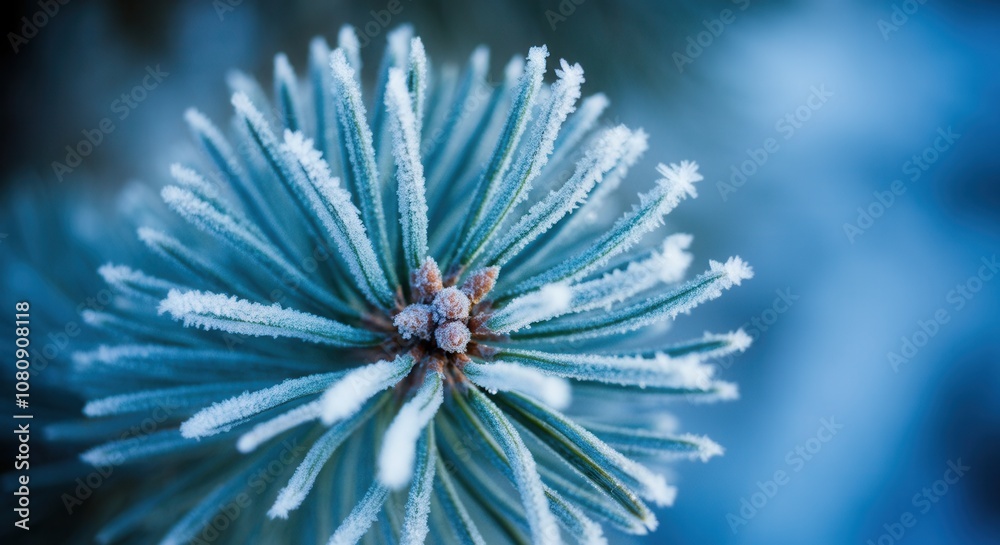 Fototapeta premium Frost-covered pine needles in close-up winter scene