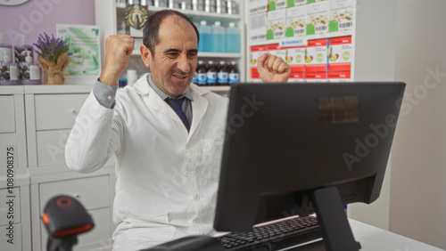 Middle-aged hispanic man celebrating while using a computer in a pharmacy, surrounded by shelves of medications and healthcare products. photo